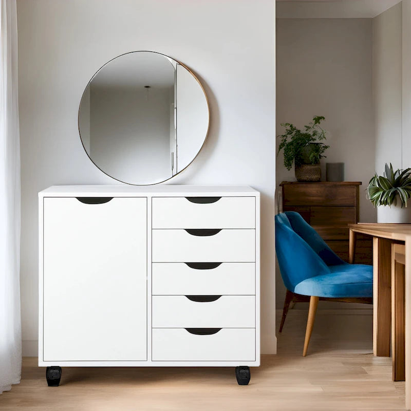 Wooden 5-Drawer Office Storage Cabinet with Extra Shelf and 360 Mobility for Effortless Organization