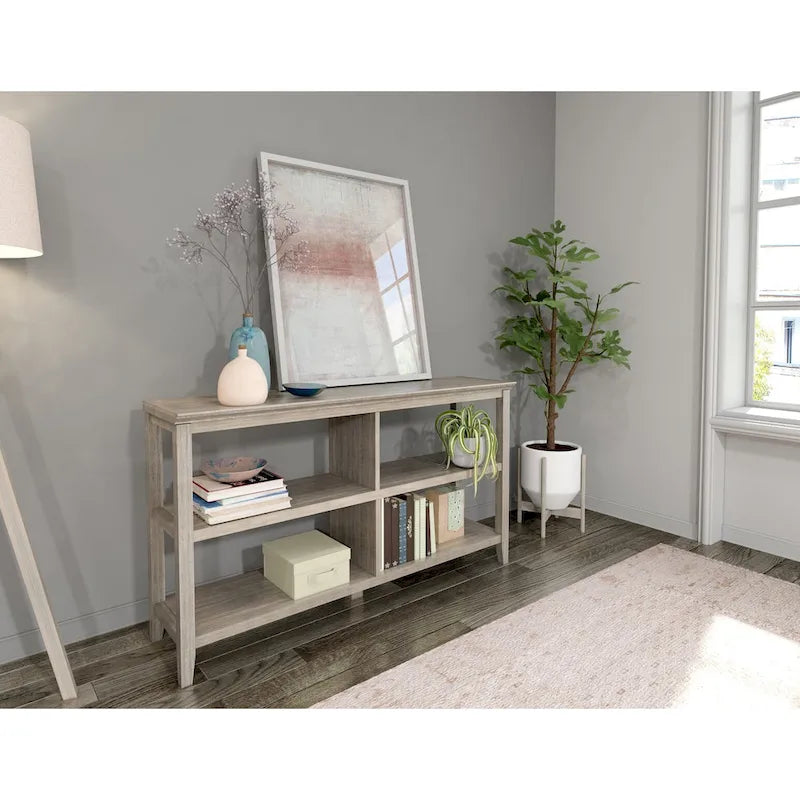 Wide Low 54"W Bookcase with 2 Shelves, Washed Grey