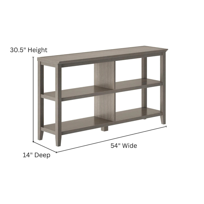 Wide Low 54"W Bookcase with 2 Shelves, Washed Grey