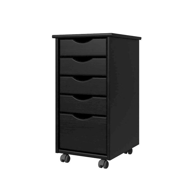 Solid Wood 4+1 Drawer Narrow Roll Cart, Black