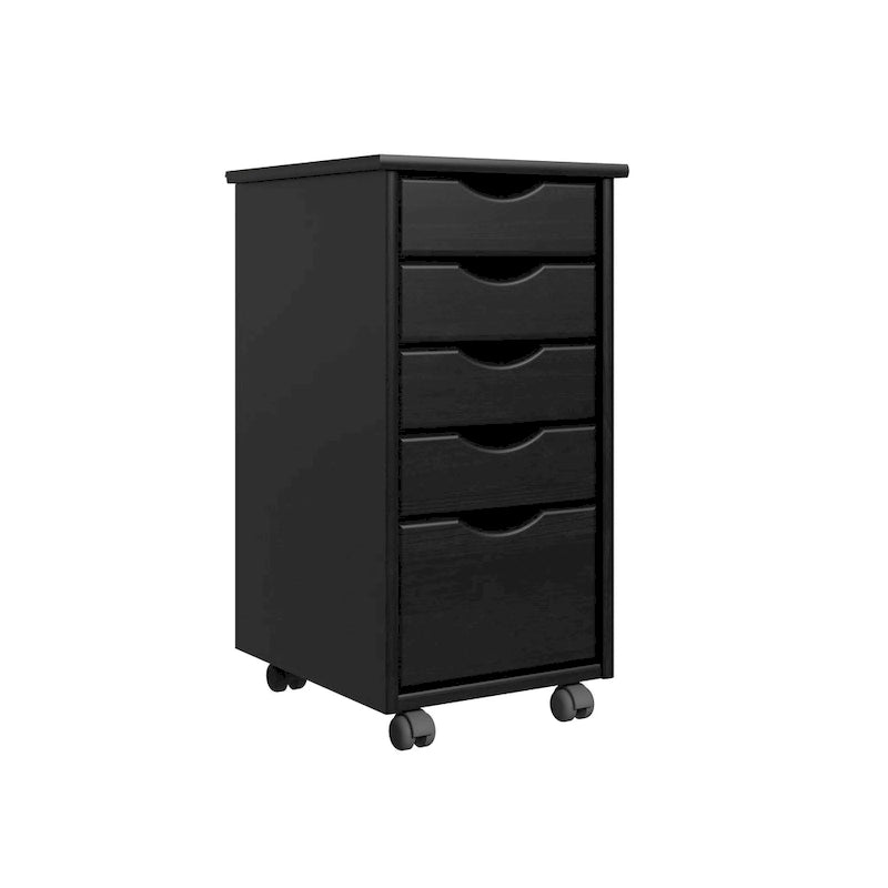 Solid Wood 4+1 Drawer Narrow Roll Cart, Black