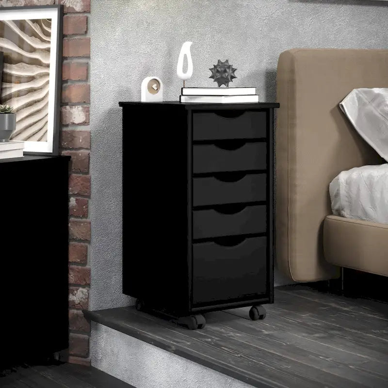 Solid Wood 4+1 Drawer Narrow Roll Cart, Black