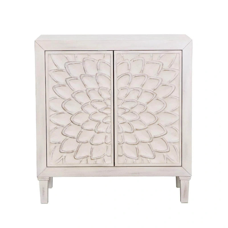 2 Door Wooden Accent Cabinet with Floral Carving, Distressed Whitewash