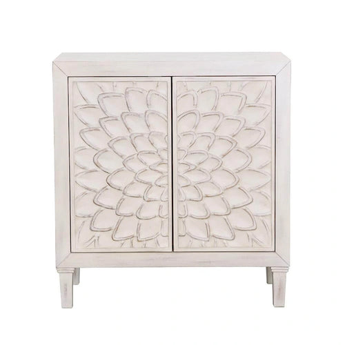 2 Door Wooden Accent Cabinet with Floral Carving, Distressed Whitewash