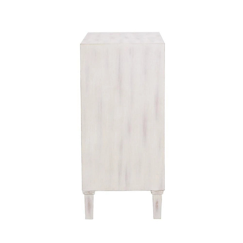 2 Door Wooden Accent Cabinet with Floral Carving, Distressed Whitewash