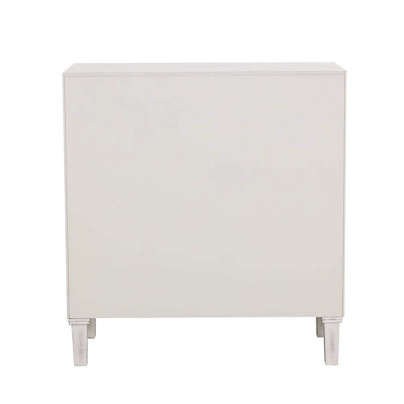 2 Door Wooden Accent Cabinet with Floral Carving, Distressed Whitewash