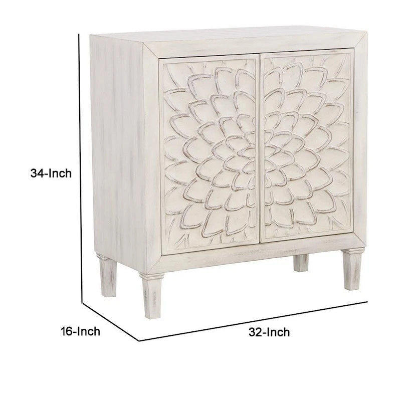 2 Door Wooden Accent Cabinet with Floral Carving, Distressed Whitewash