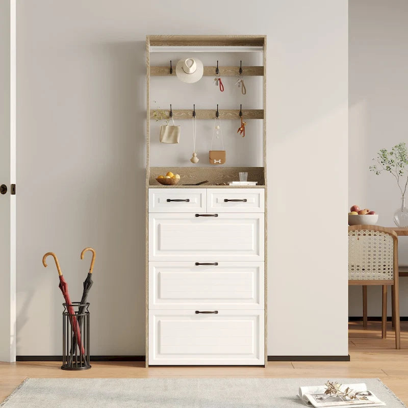 Wood Shoe Storage Cabinet 24-Pair Foldable Compartments Shoe Cabinet with 2-Drawer,3 Flip Drawers & Hanger