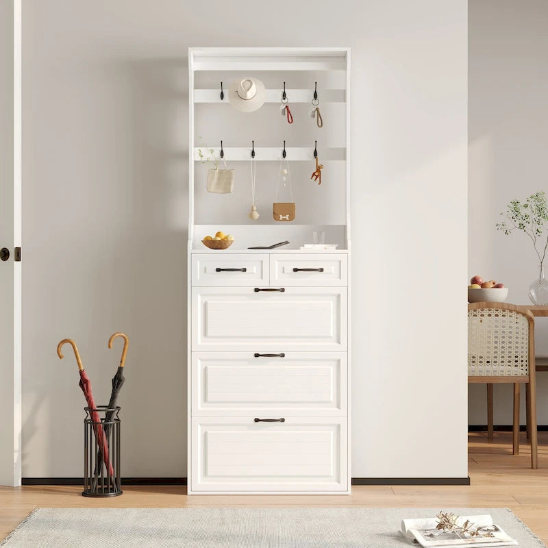 Wood Shoe Storage Cabinet 24-Pair Foldable Compartments Shoe Cabinet with 2-Drawer,3 Flip Drawers & Hanger