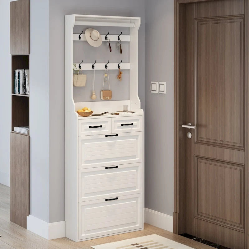 Wood Shoe Storage Cabinet 24-Pair Foldable Compartments Shoe Cabinet with 2-Drawer,3 Flip Drawers & Hanger