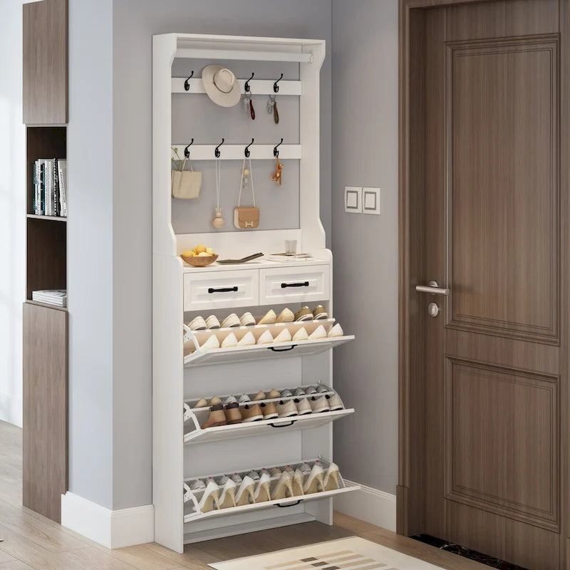 Wood Shoe Storage Cabinet 24-Pair Foldable Compartments Shoe Cabinet with 2-Drawer,3 Flip Drawers & Hanger