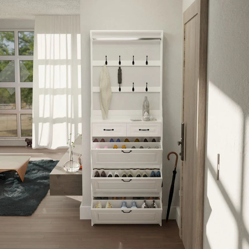 Wood Shoe Storage Cabinet 24-Pair Foldable Compartments Shoe Cabinet with 2-Drawer,3 Flip Drawers & Hanger