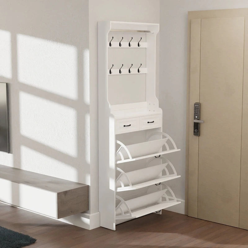 Wood Shoe Storage Cabinet 24-Pair Foldable Compartments Shoe Cabinet with 2-Drawer,3 Flip Drawers & Hanger