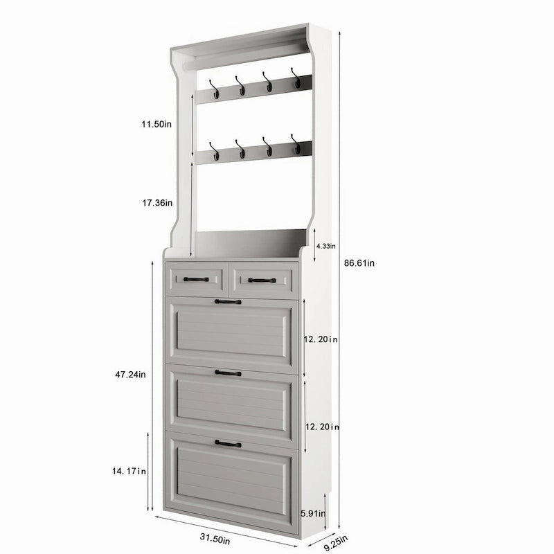 Wood Shoe Storage Cabinet 24-Pair Foldable Compartments Shoe Cabinet with 2-Drawer,3 Flip Drawers & Hanger