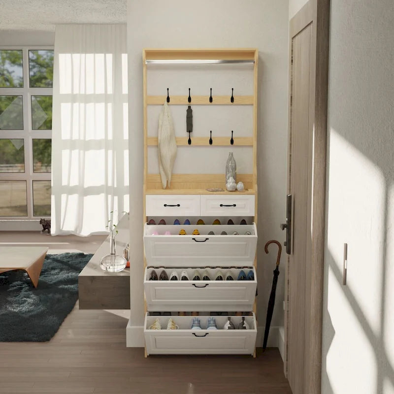 Wood Shoe Storage Cabinet 24-Pair Foldable Compartments Shoe Cabinet with 2-Drawer,3 Flip Drawers & Hanger