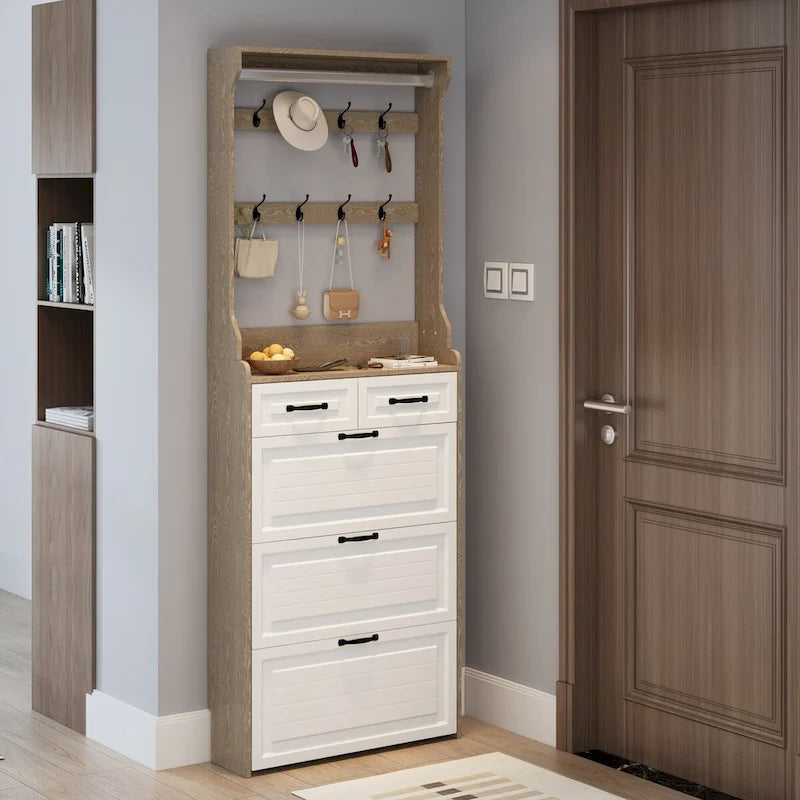 Wood Shoe Storage Cabinet 24-Pair Foldable Compartments Shoe Cabinet with 2-Drawer,3 Flip Drawers & Hanger