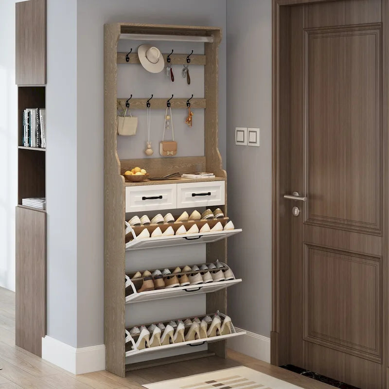 Wood Shoe Storage Cabinet 24-Pair Foldable Compartments Shoe Cabinet with 2-Drawer,3 Flip Drawers & Hanger