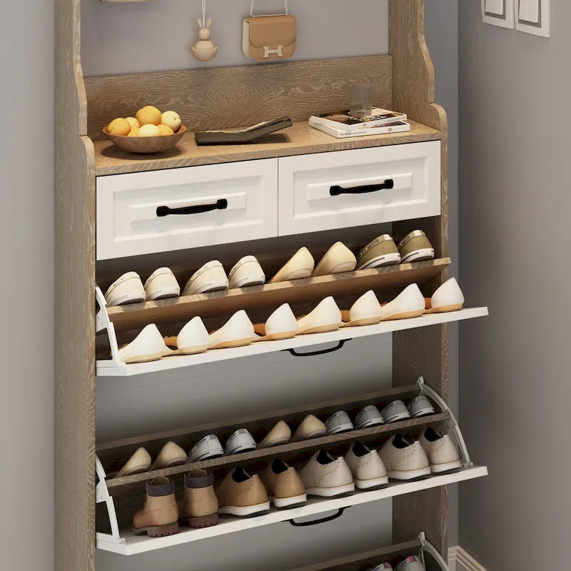 Wood Shoe Storage Cabinet 24-Pair Foldable Compartments Shoe Cabinet with 2-Drawer,3 Flip Drawers & Hanger