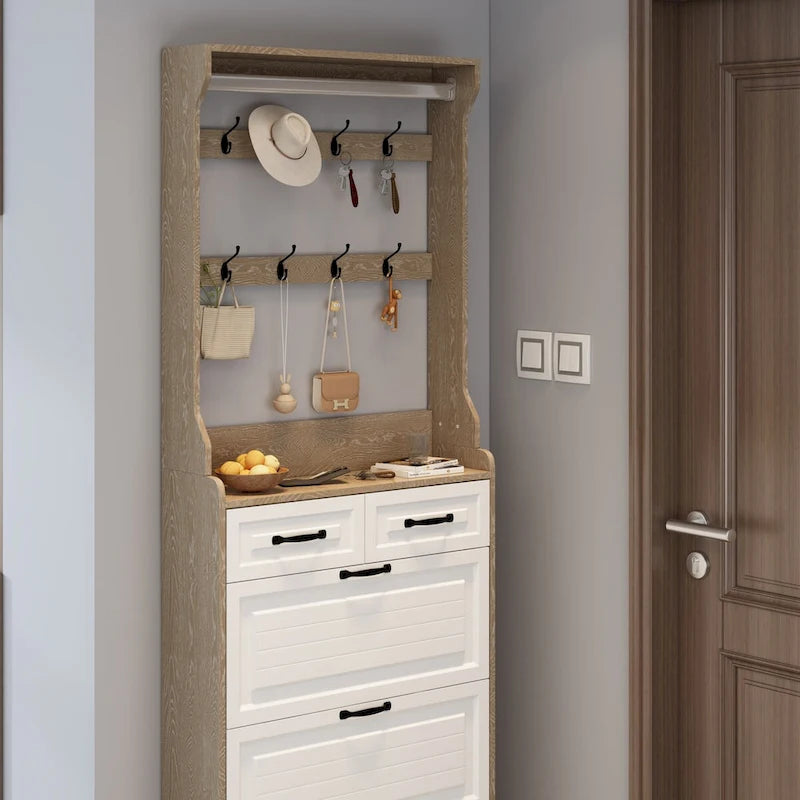 Wood Shoe Storage Cabinet 24-Pair Foldable Compartments Shoe Cabinet with 2-Drawer,3 Flip Drawers & Hanger