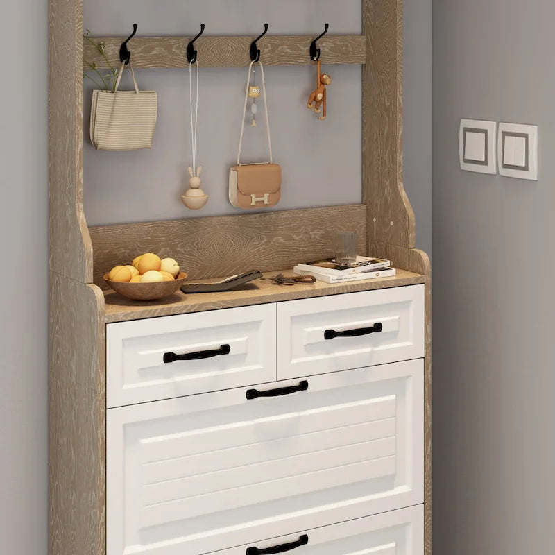 Wood Shoe Storage Cabinet 24-Pair Foldable Compartments Shoe Cabinet with 2-Drawer,3 Flip Drawers & Hanger
