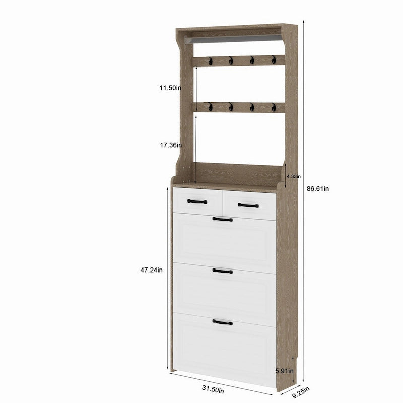 Wood Shoe Storage Cabinet 24-Pair Foldable Compartments Shoe Cabinet with 2-Drawer,3 Flip Drawers & Hanger