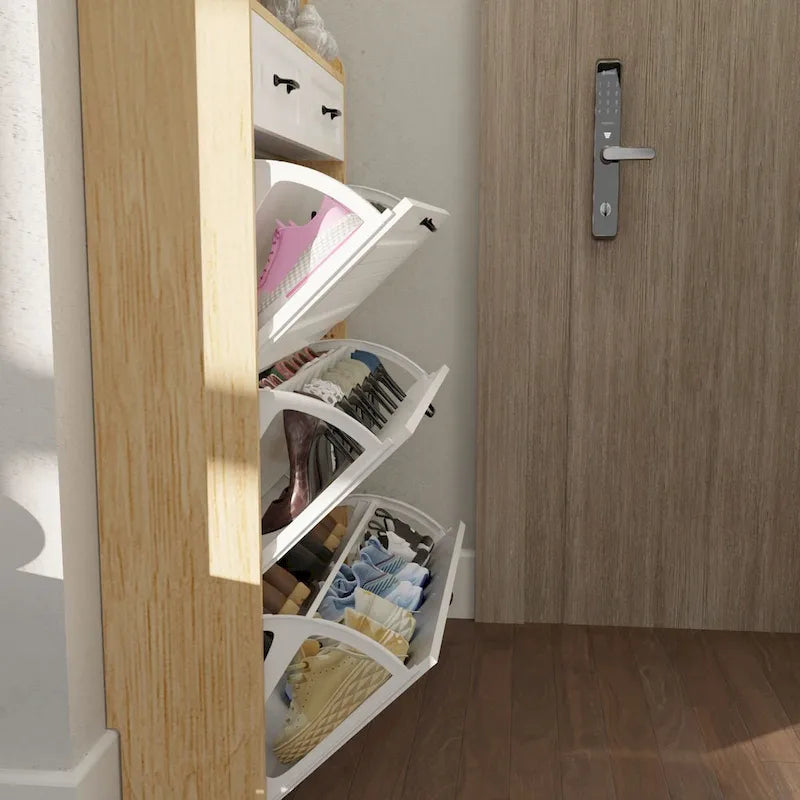 Wood Shoe Storage Cabinet 24-Pair Foldable Compartments Shoe Cabinet with 2-Drawer,3 Flip Drawers & Hanger