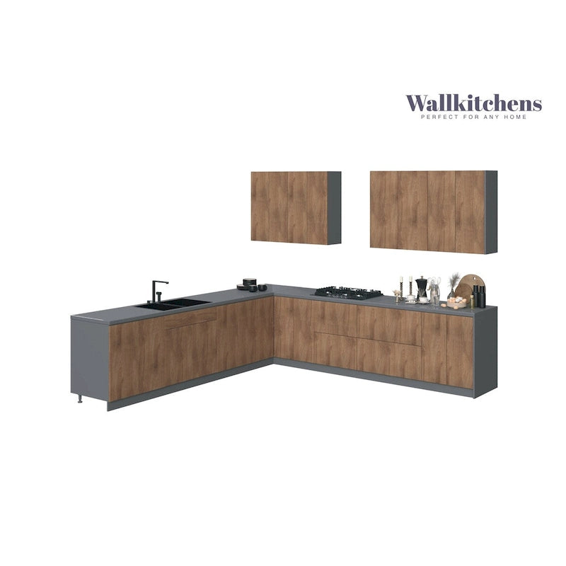 Natural Teak & Black Kitchen Cabinet Set - 11Ft Wide