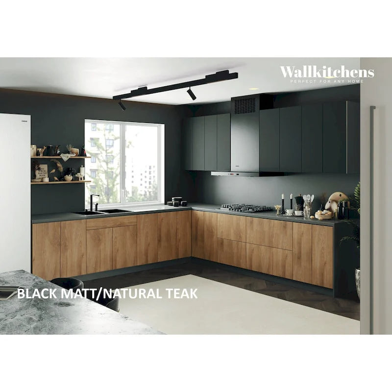 Natural Teak & Black Kitchen Cabinet Set - 11Ft Wide