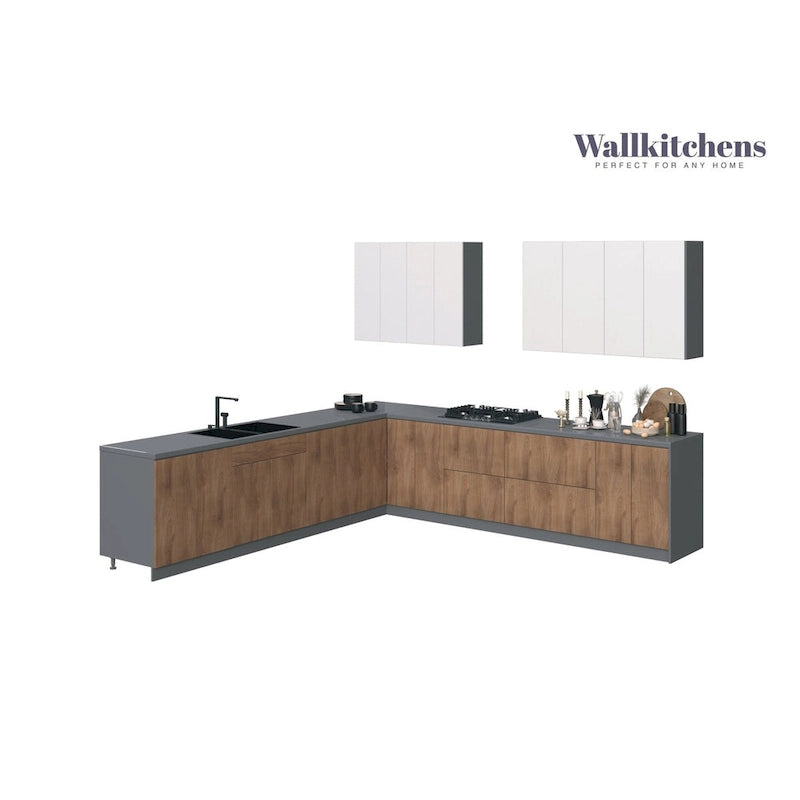 Natural Teak & Black Kitchen Cabinet Set - 11Ft Wide