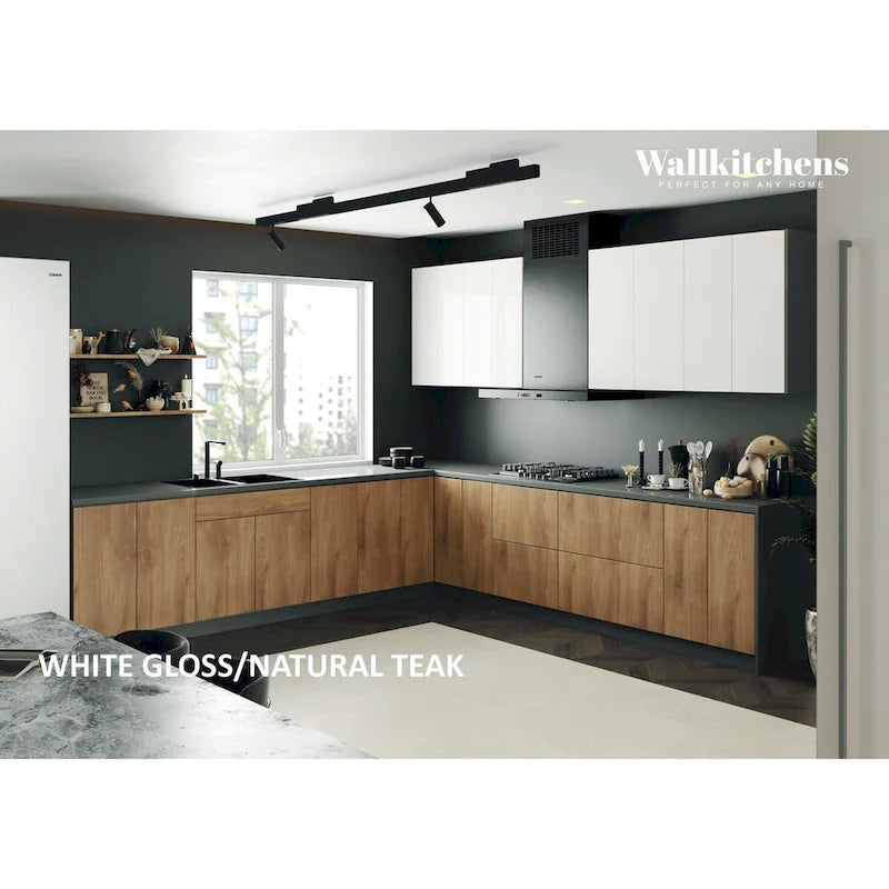 Natural Teak & Black Kitchen Cabinet Set - 11Ft Wide