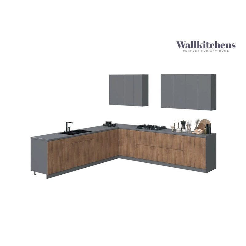 Natural Teak & Black Kitchen Cabinet Set - 11Ft Wide