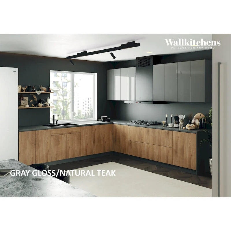 Natural Teak & Black Kitchen Cabinet Set - 11Ft Wide
