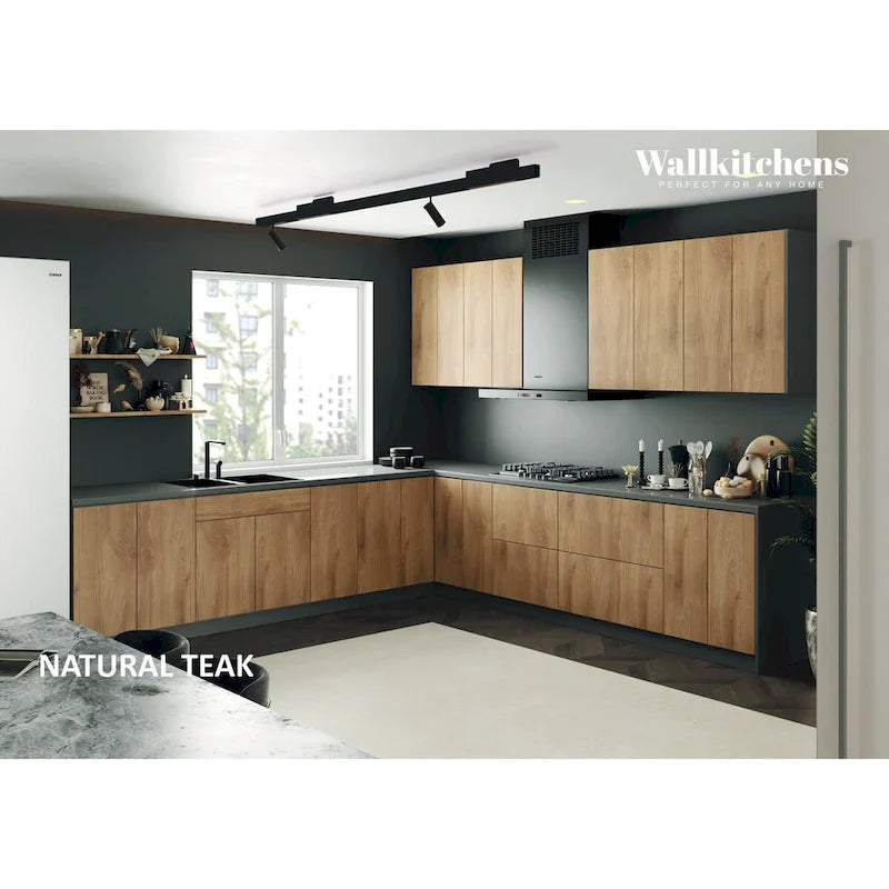 Natural Teak & Black Kitchen Cabinet Set - 11Ft Wide