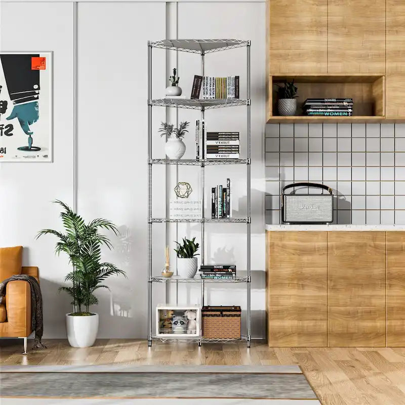 6 Tier Shelf Corner Wire Rack Pentagonal Shelves Adjustable Metal Heavy Duty Free Standing Corner Storage Display Chrome Rack