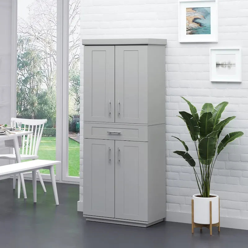 Modern Kitchen Pantry Freestanding Cabinet Cupboard with Doors and Drawer, Adjustable Shelving, Grey