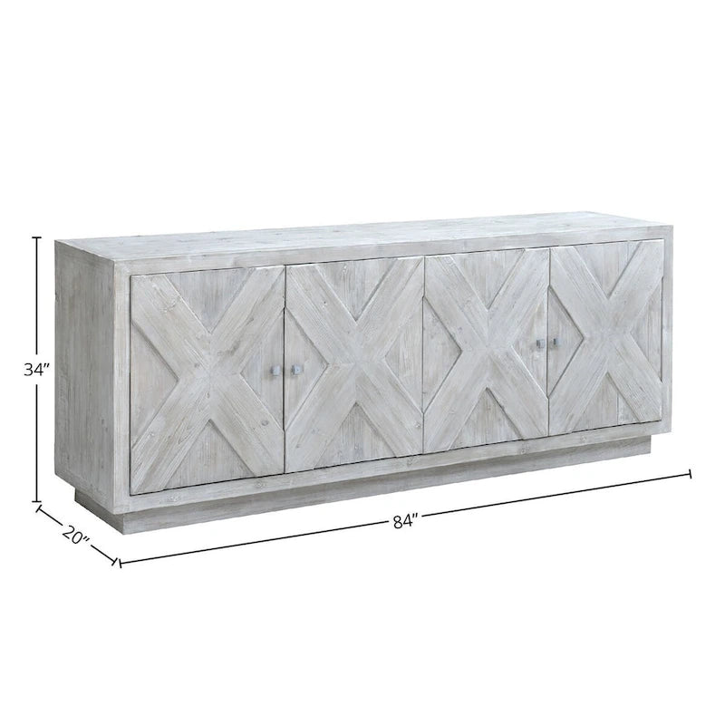 84" White Wash Reclaimed Pine Carved Sideboard