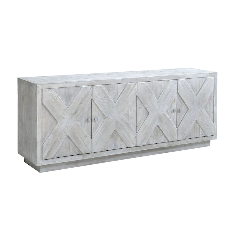 84" White Wash Reclaimed Pine Carved Sideboard