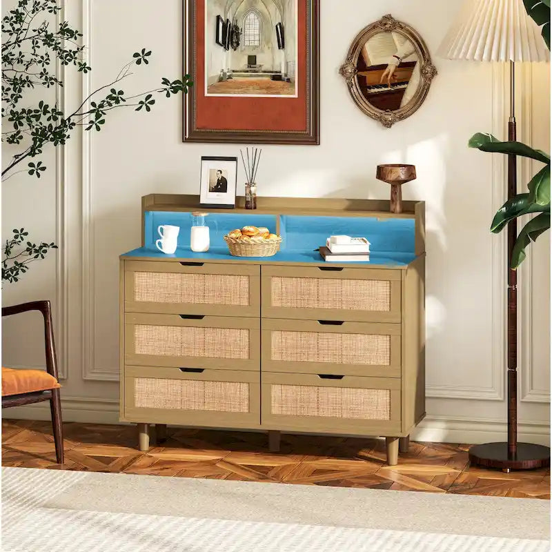 Accent Storage Cabinet 6-Drawers Rattan Drawer with LED Lights and Power Outlet