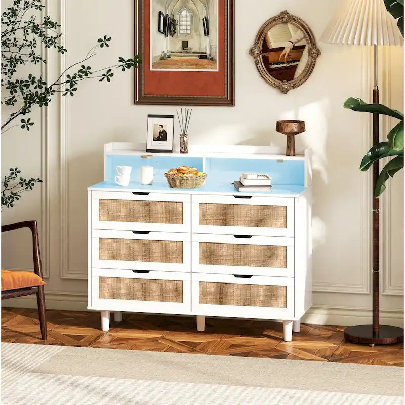 Accent Storage Cabinet 6-Drawers Rattan Drawer with LED Lights and Power Outlet