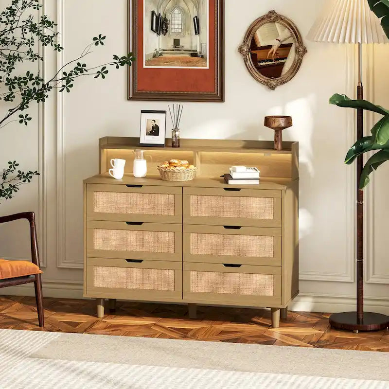 Accent Storage Cabinet 6-Drawers Rattan Drawer with LED Lights and Power Outlet