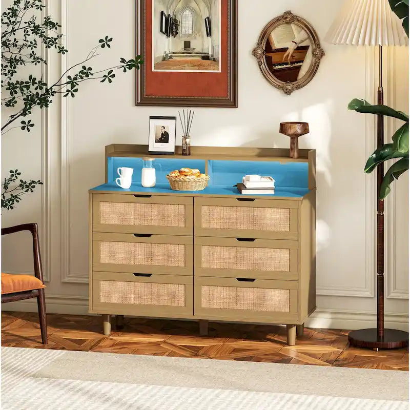 Accent Storage Cabinet 6-Drawers Rattan Drawer with LED Lights and Power Outlet