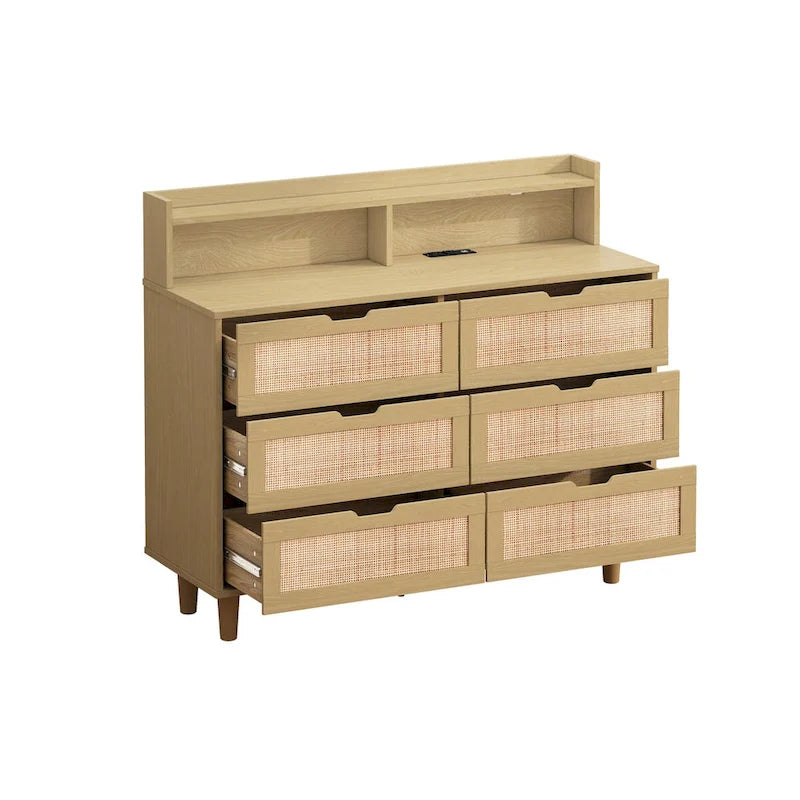 Accent Storage Cabinet 6-Drawers Rattan Drawer with LED Lights and Power Outlet