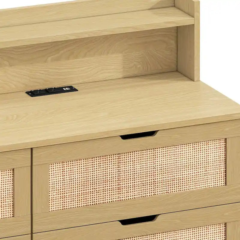 Accent Storage Cabinet 6-Drawers Rattan Drawer with LED Lights and Power Outlet