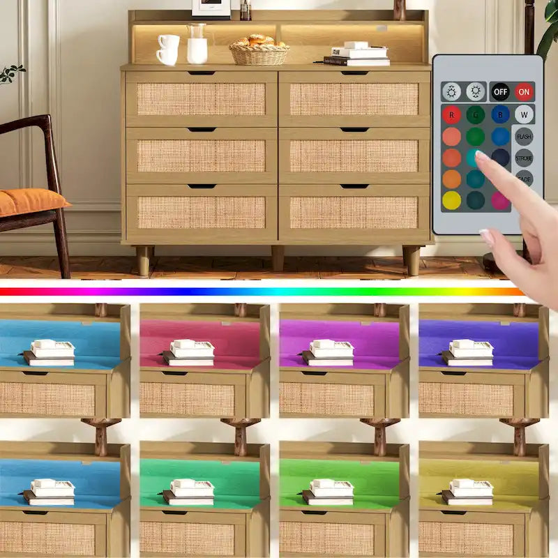 Accent Storage Cabinet 6-Drawers Rattan Drawer with LED Lights and Power Outlet