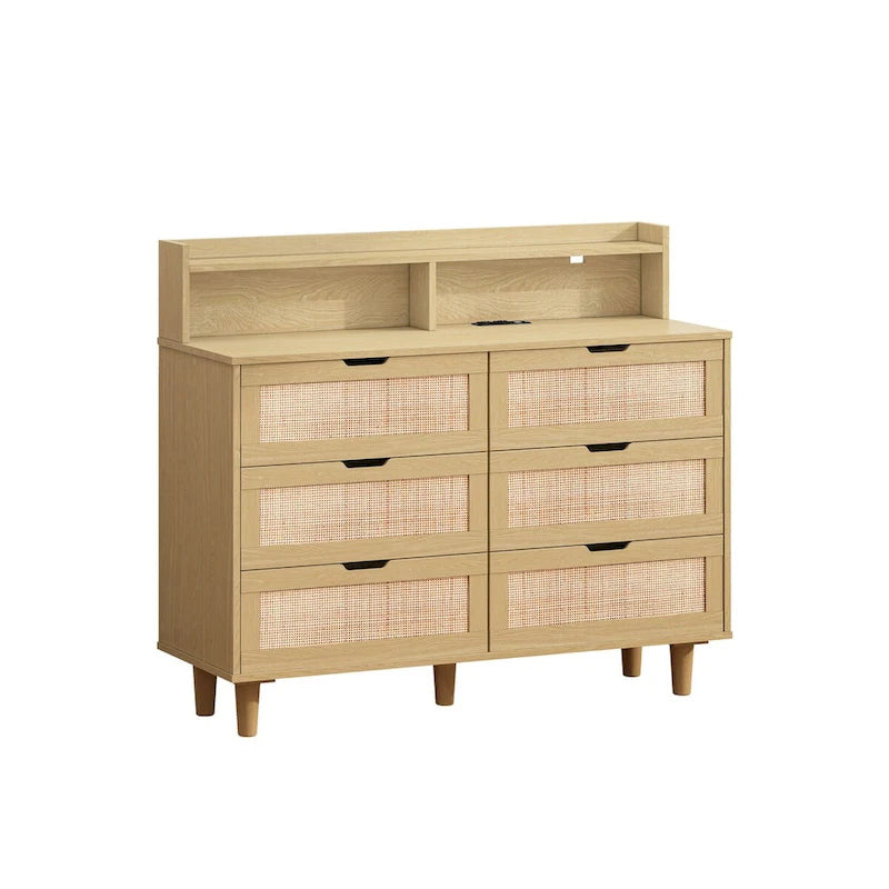 Accent Storage Cabinet 6-Drawers Rattan Drawer with LED Lights and Power Outlet