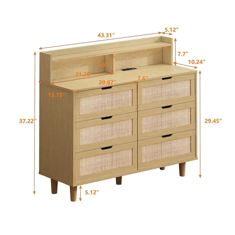 Accent Storage Cabinet 6-Drawers Rattan Drawer with LED Lights and Power Outlet