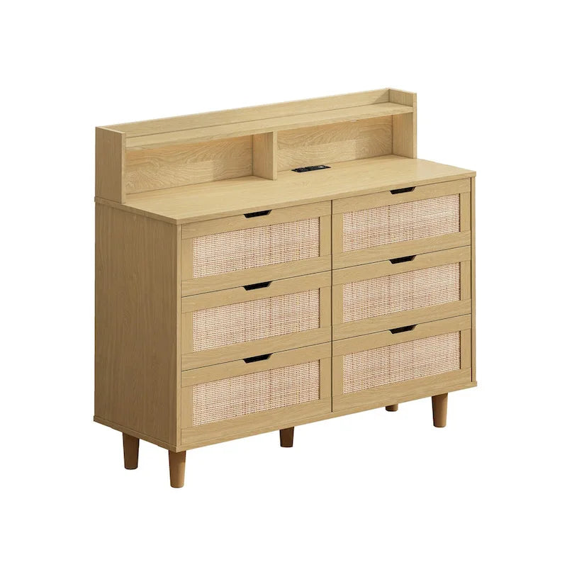 Accent Storage Cabinet 6-Drawers Rattan Drawer with LED Lights and Power Outlet