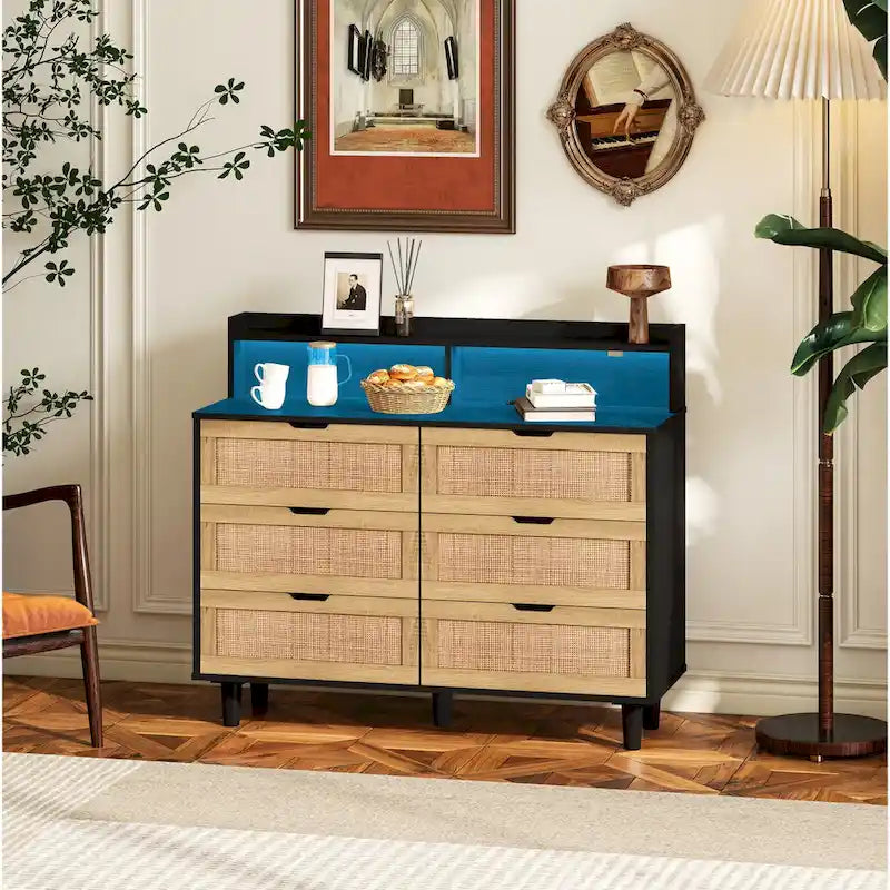 Accent Storage Cabinet 6-Drawers Rattan Drawer with LED Lights and Power Outlet