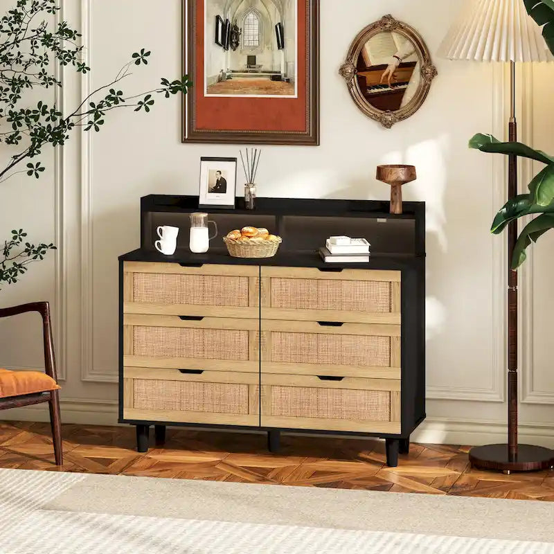 Accent Storage Cabinet 6-Drawers Rattan Drawer with LED Lights and Power Outlet