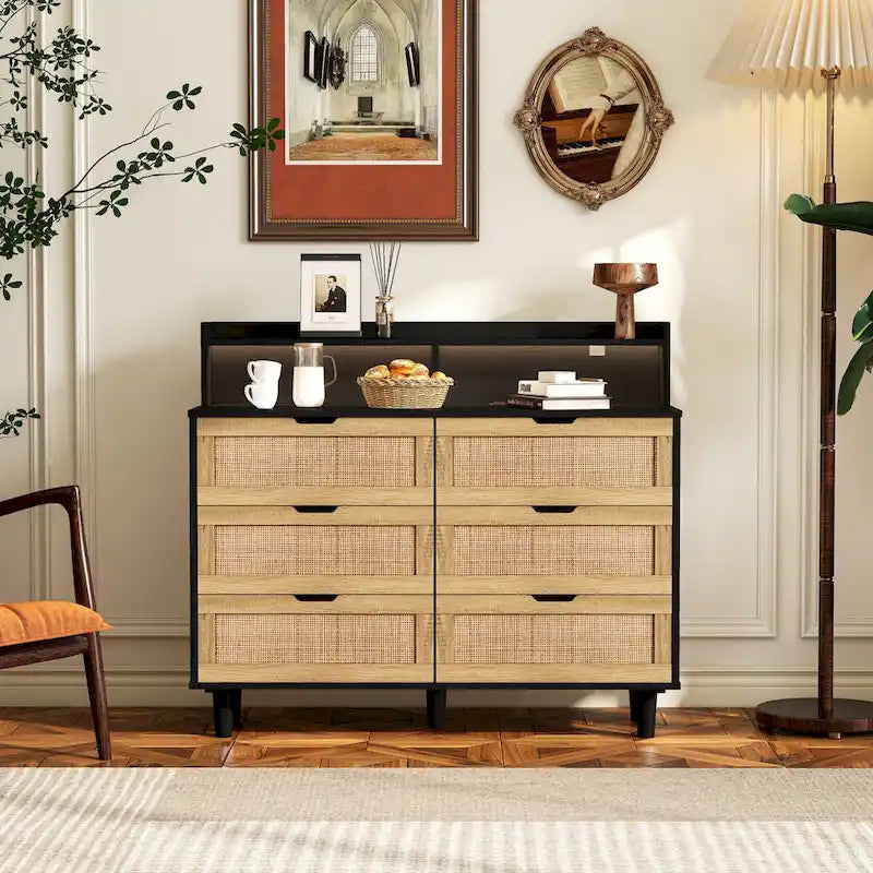 Accent Storage Cabinet 6-Drawers Rattan Drawer with LED Lights and Power Outlet
